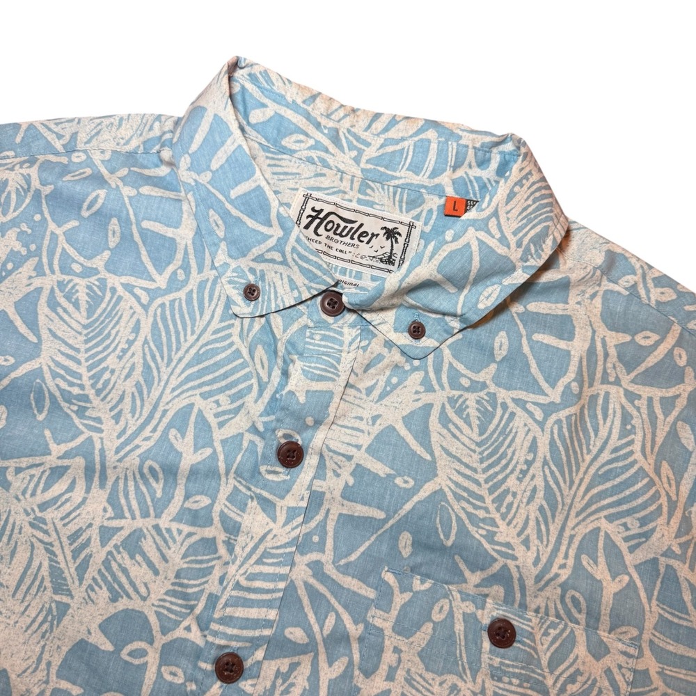 Howler Brothers Mansfield Shirt Mens L Blue Floral Leaf Button Down Short Sleeve